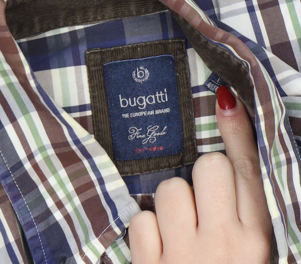 Bugatti Men's Multicoloured Checked Button-Down Long Sleeve Cotton Shirt L