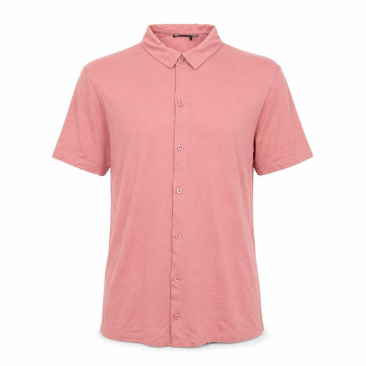 Front view of ASOS Design Men’s Pink Short Sleeve Button-Up Casual Shirt, size S