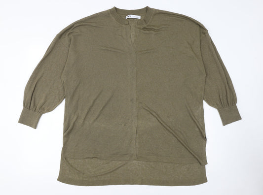Zara Women Green Relaxed Knit Cardigan Size 12 V-Neck Long Sleeve