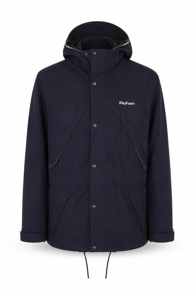 Front view of Rohan unisex blue xs apex waterproof hooded parka jacket