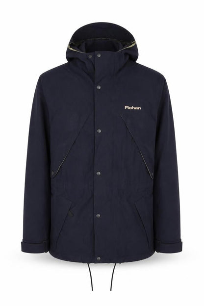 Front view of Rohan unisex blue xs apex waterproof hooded parka jacket