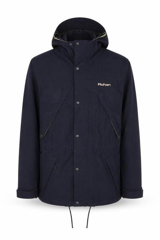 Front view of Rohan unisex blue xs apex waterproof hooded parka jacket