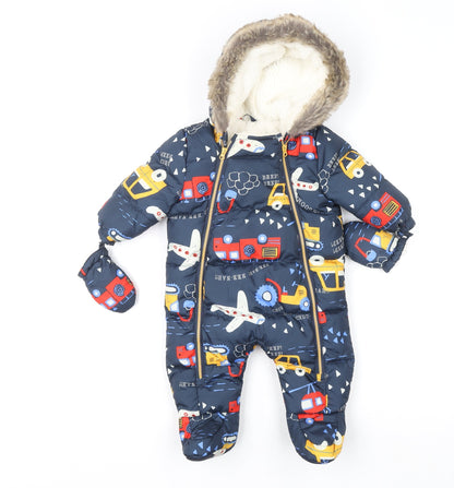 Fred & Flo Blue Puffer Snowsuit 3-6 Months Hooded Winter Baby Suit