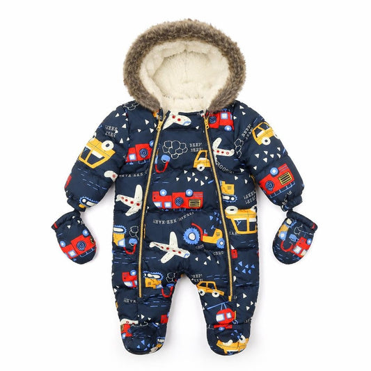 Front view of F&F Blue Puffer Snowsuit 3-6 Months Hooded Winter Baby Suit