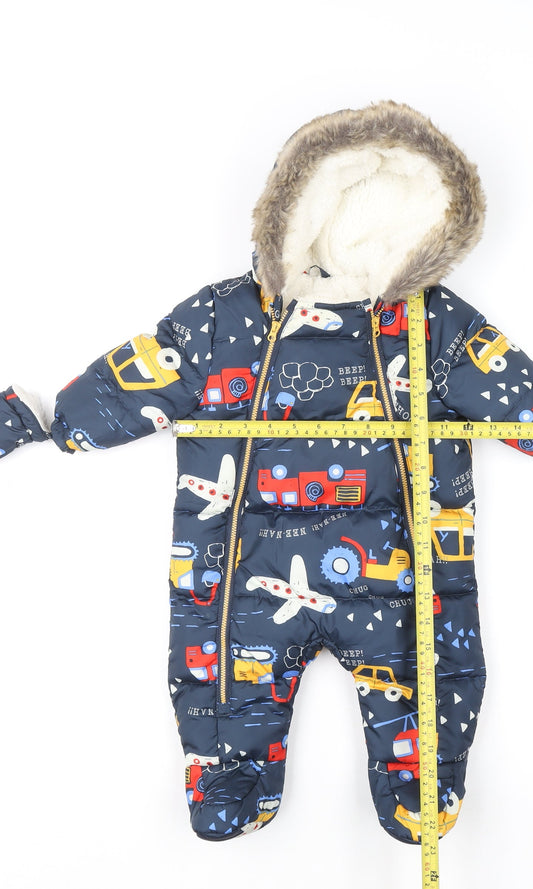 Fred & Flo Blue Puffer Snowsuit 3-6 Months Hooded Winter Baby Suit