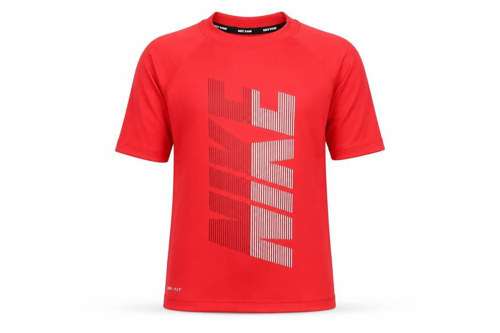 Front view of Nike boys’ red dri-fit rash guard swim top 8-10 years quick dry uv