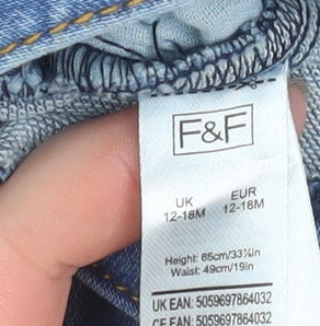 F&F Blue Denim Baby Jeans Overalls 12-18 Months Unisex Cotton Stretch
