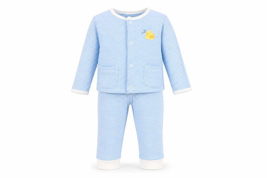 Front view of Leigh Tucker Willow Blue Striped Baby Outfit Set 6-9 Months Cotton