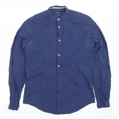 Zara Man Men’s Blue Relaxed Fit Linen Band Collar Long Sleeve Shirt M