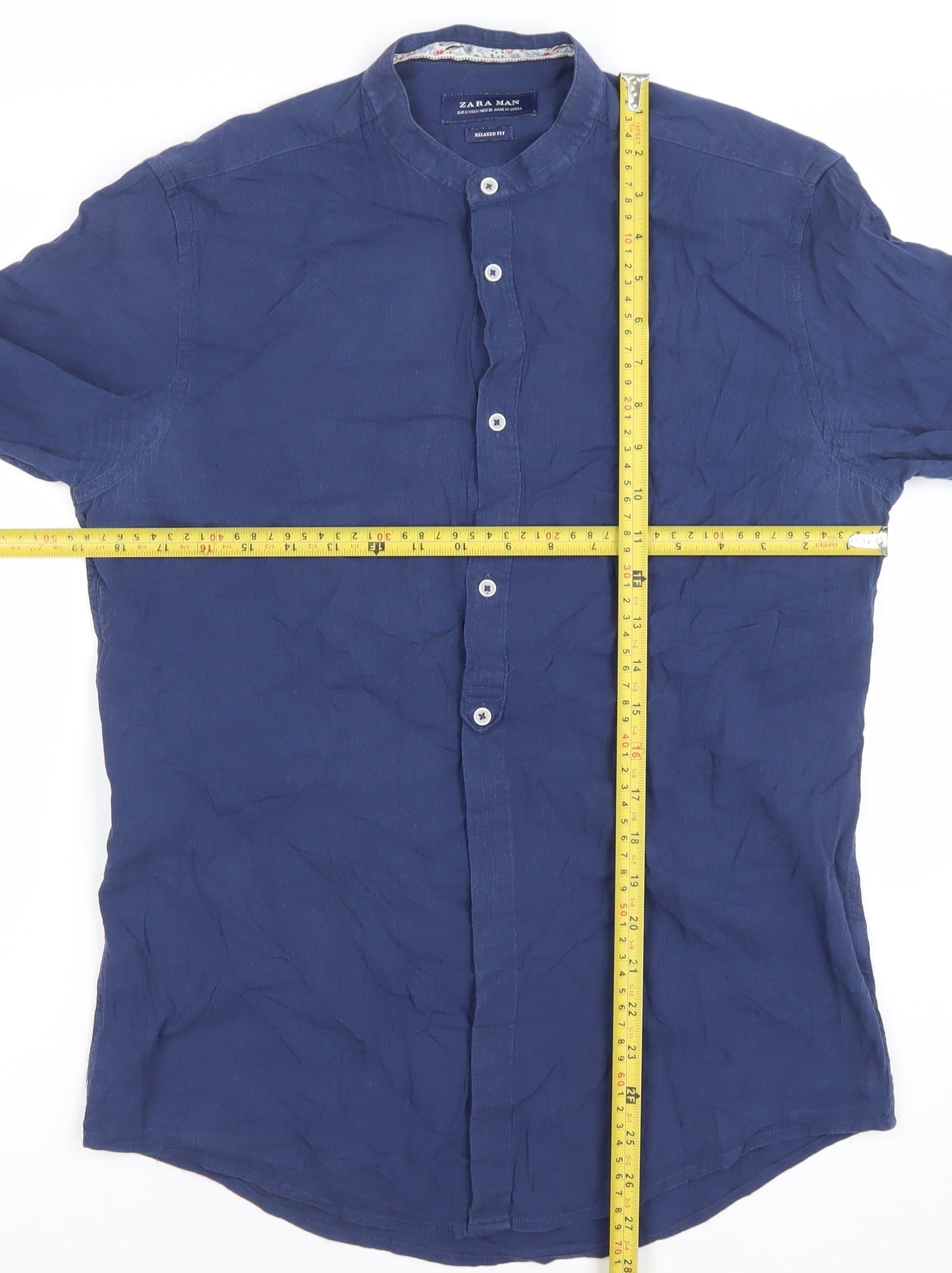 Zara Man Men’s Blue Relaxed Fit Linen Band Collar Long Sleeve Shirt M