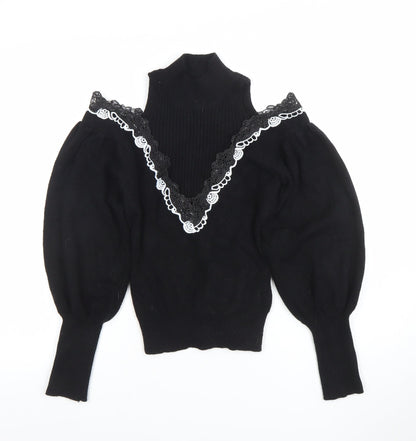 TU Women Black Lace Trim Cold Shoulder Puff Sleeve Jumper M