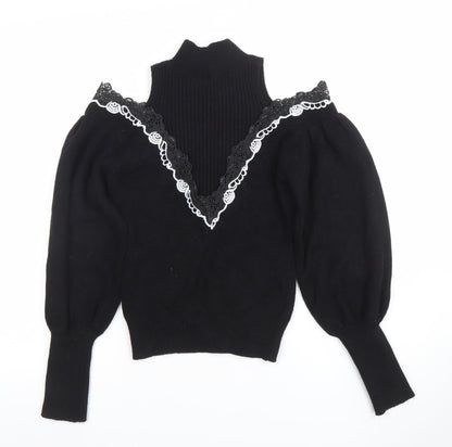 TU Women Black Lace Trim Cold Shoulder Puff Sleeve Jumper M