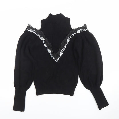 TU Women Black Lace Trim Cold Shoulder Puff Sleeve Jumper M