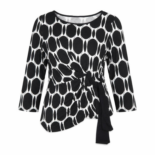 Front view of Roman Women Black White Wrap Blouse, size 10, Long Sleeve Geometric Top