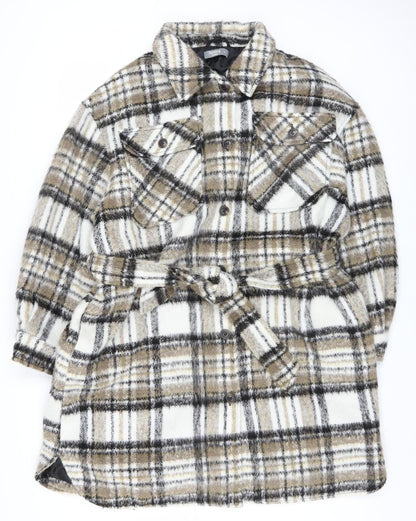 Nutmeg Women Beige Check Belted Mid-Length Coat Size 16