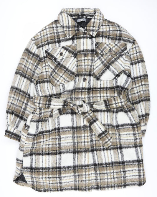 Nutmeg Women Beige Check Belted Mid-Length Coat Size 16