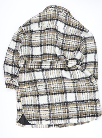 Nutmeg Women Beige Check Belted Mid-Length Coat Size 16