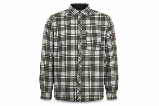 Front view of Helly Hansen Men's Green Check Flannel Long Sleeve Button-Up Shirt, size M