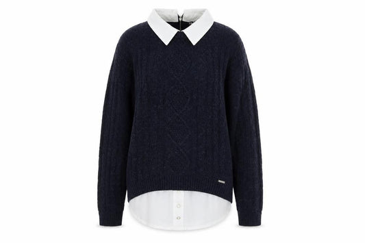 Front view of Lee Cooper women’s blue collared knit jumper, size UK 12