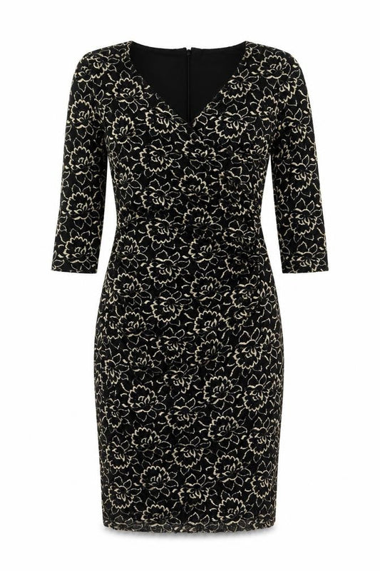Front view of Kaliko Women's Black Floral Bodycon Lace Dress, size 8