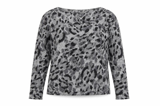 Front view of Principles women’s grey animal print knit blouse, size UK 14