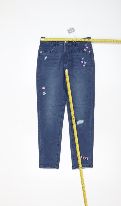 Sinsay Girls Blue Embroidered Skinny Jeans 10 Years Cotton Denim