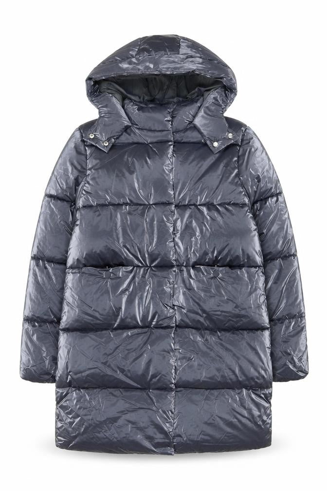 Front view of Marks & Spencer girls’ grey long hooded puffer coat age 12-13 years