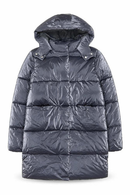 Front view of Marks & Spencer girls’ grey long hooded puffer coat age 12-13 years