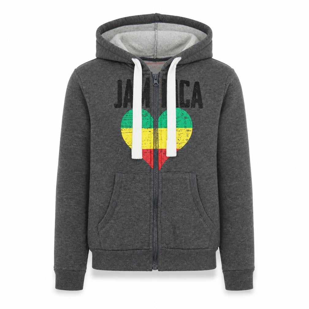 Front view of Sun Kissed girls’ grey full zip hoodie jamaica heart graphic 6-8 years