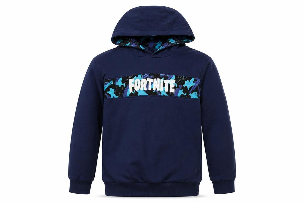 Front view of Fortnite boys’ blue camouflage pullover hoodie, size M, cotton sweatshirt