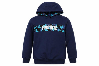 Front view of Fortnite boys’ blue camouflage pullover hoodie, size M, cotton sweatshirt