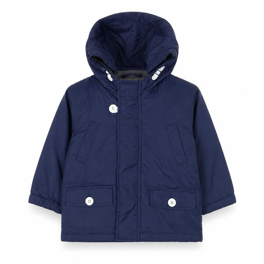 Front view of Next unisex baby blue hooded nylon parka jacket 9-12 months lined buttons