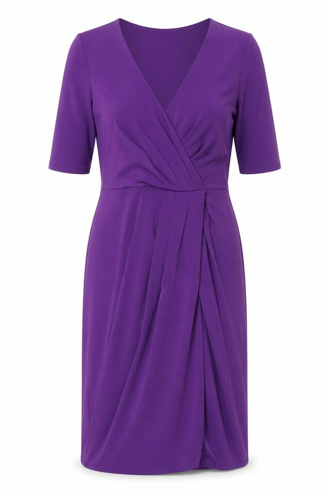 Front view of Kaliko Women’s Purple Wrap Knee Length Dress, size UK 10, Ruched Elegant