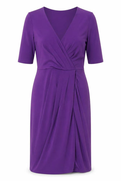 Front view of Kaliko Women’s Purple Wrap Knee Length Dress, size UK 10, Ruched Elegant