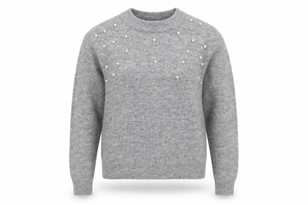Front view of H&M Teens Grey Beaded Crew Neck Long Sleeve Knit Jumper, size 8