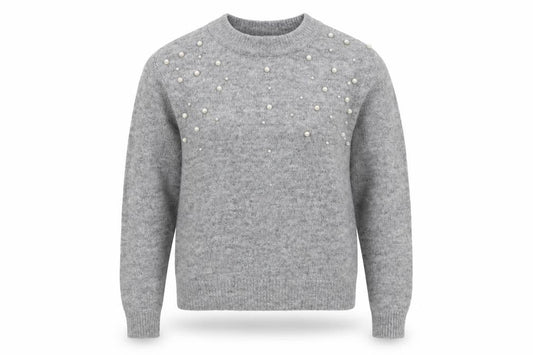Front view of H&M Teens Grey Beaded Crew Neck Long Sleeve Knit Jumper, size 8