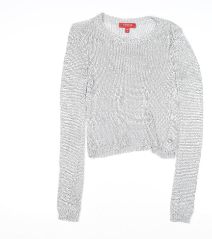 Guess Women's Silver Open-Knit Crew Neck Jumper Size 8