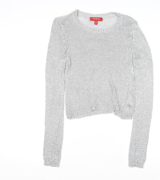 Guess Women's Silver Open-Knit Crew Neck Jumper Size 8