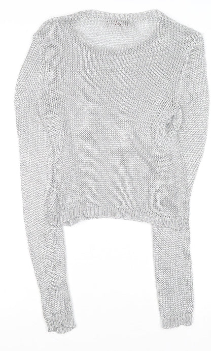 Guess Women's Silver Open-Knit Crew Neck Jumper Size 8