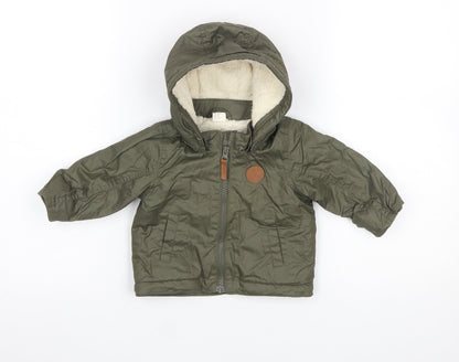 H&M Unisex Baby Green Hooded Puffer Jacket 6 Months Lined Winter Coat
