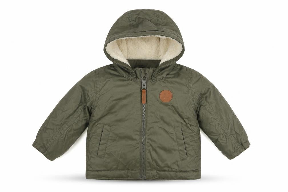 Front view of H&M unisex baby green hooded puffer jacket 6 months lined winter coat