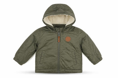 Front view of H&M unisex baby green hooded puffer jacket 6 months lined winter coat