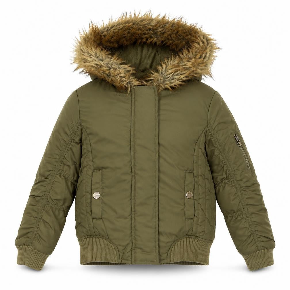 Front view of Next boys’ green hooded faux fur trim bomber jacket 7 years polyester lined