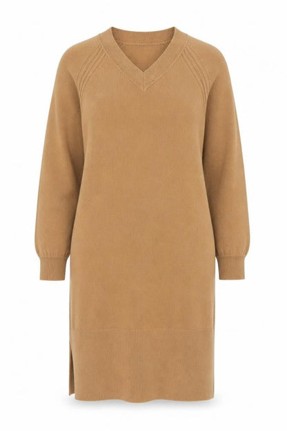Front view of Papaya Women’s Beige V-Neck Knit Jumper Dress, size UK 8