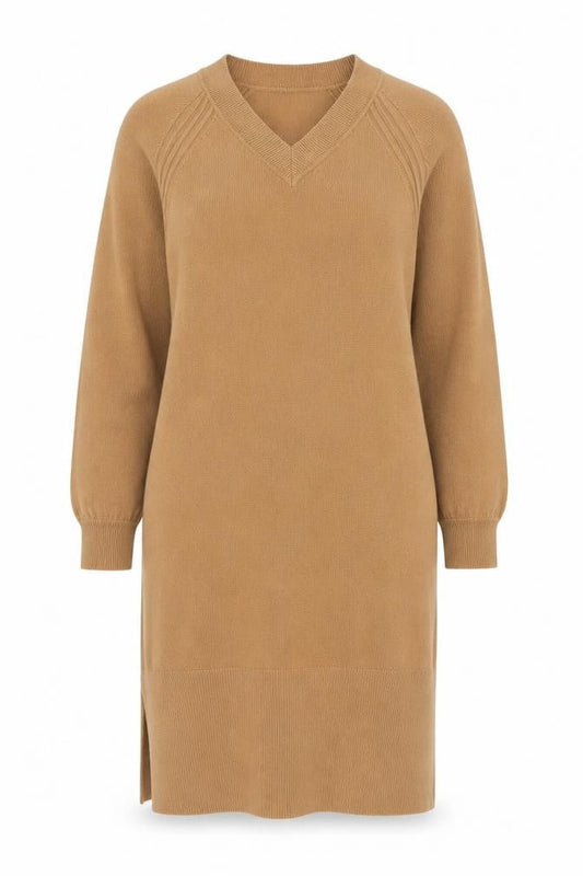 Front view of Papaya Women’s Beige V-Neck Knit Jumper Dress, size UK 8