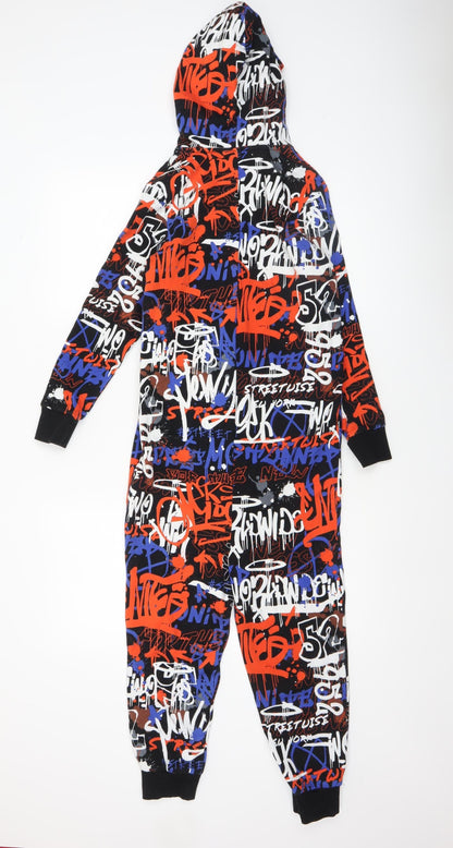 H&M Boys Multicoloured One Piece Pyjama Set Hooded 8-10 Years Graffiti Print