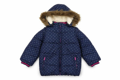 Front view of John Lewis girls’ blue polka dot hooded puffer coat 5 years faux fur trim