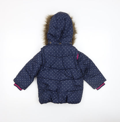 John Lewis Girls Blue Polka Dot Hooded Puffer Coat 5 Years Faux Fur Trim
