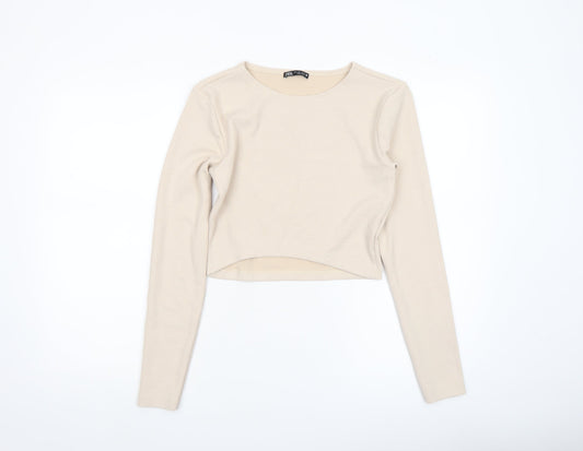 Womens UK Size L Zara Beige Cropped T-Shirt