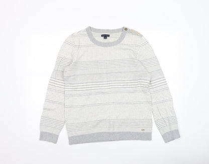Tommy Hilfiger Women’s Grey Striped Cotton Knit Jumper M Crew Neck